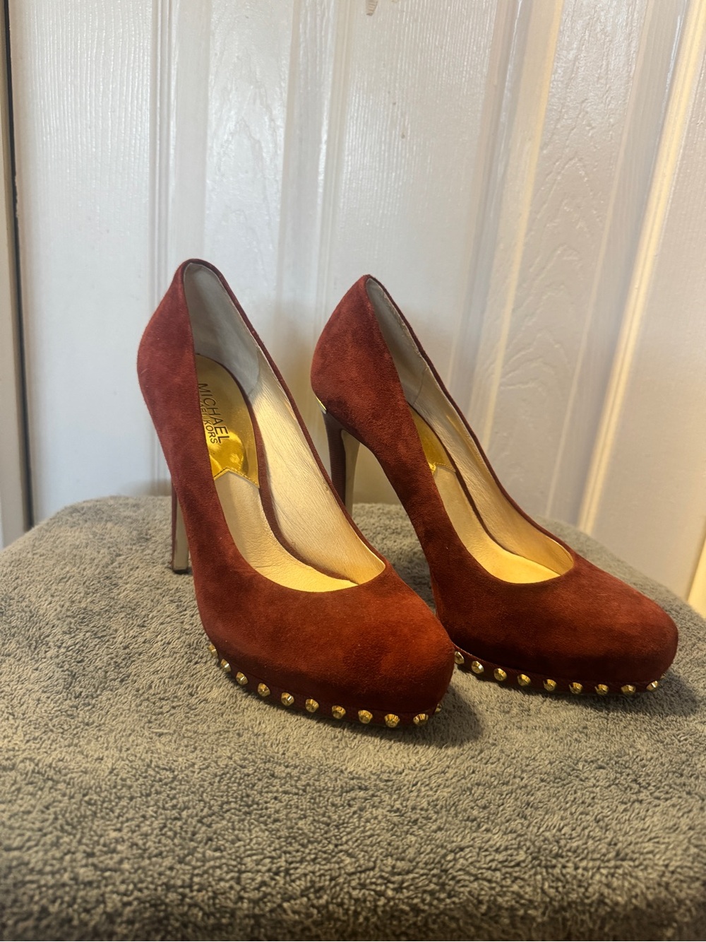 Michael Kors Burgundy Suede Studded Platform Pumps